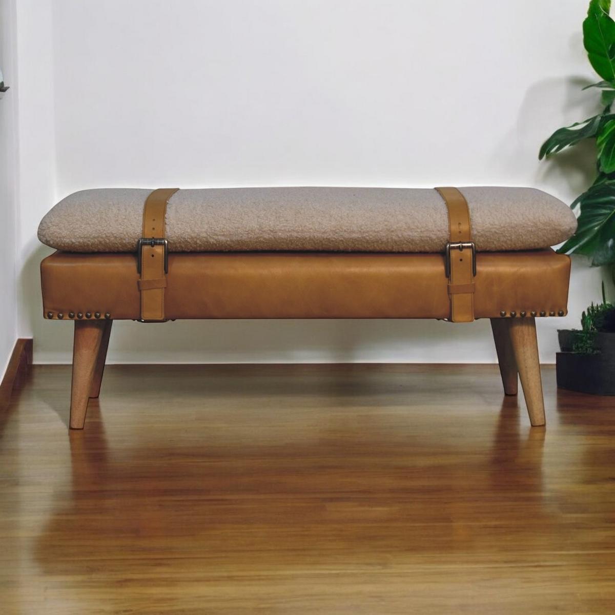 HOCKERBANK Boucle Büffelleder Tan - Braun, Leder/Holz (35/40/90cm) - Artisan Furniture