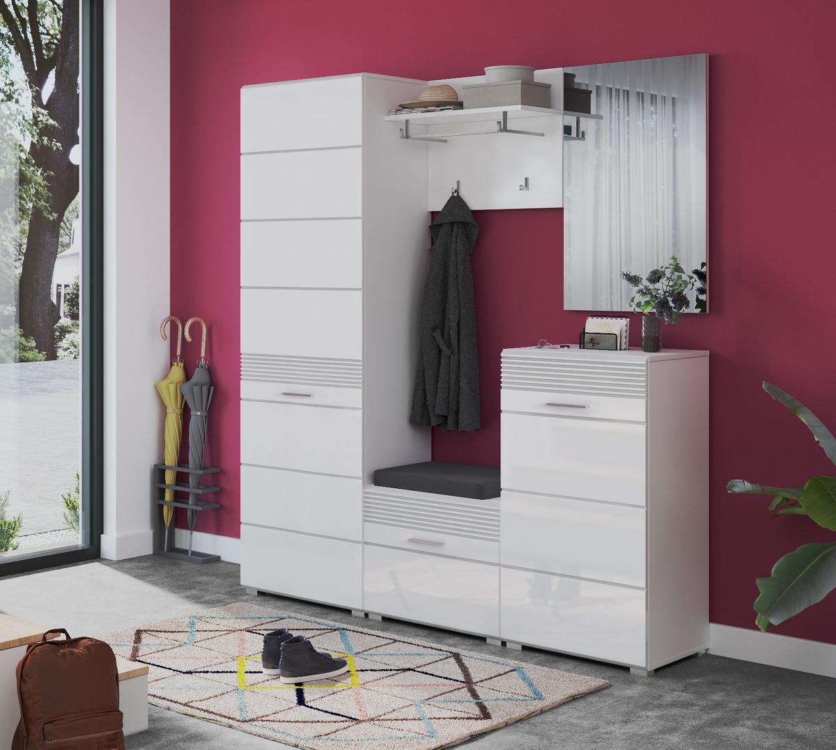 SCHUHSCHRANK weiß Hochglanz 55 cm, Garderobenschrank mit 6 Fächern - Weiß Hochglanz/Silberfarben, Holzwerkstoff/Kunststoff (55/190/37cm) - Inn.Furn
