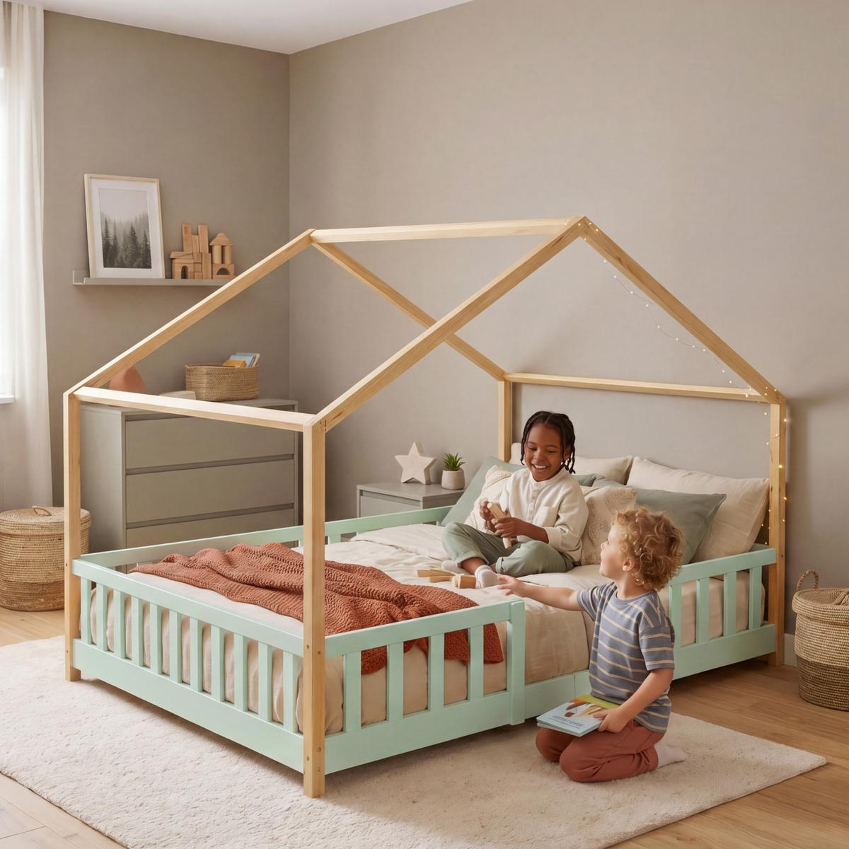 HAUSBETT Treviolo - Naturfarben/Mintgrün, Holz (120/200cm) - [en.casa]