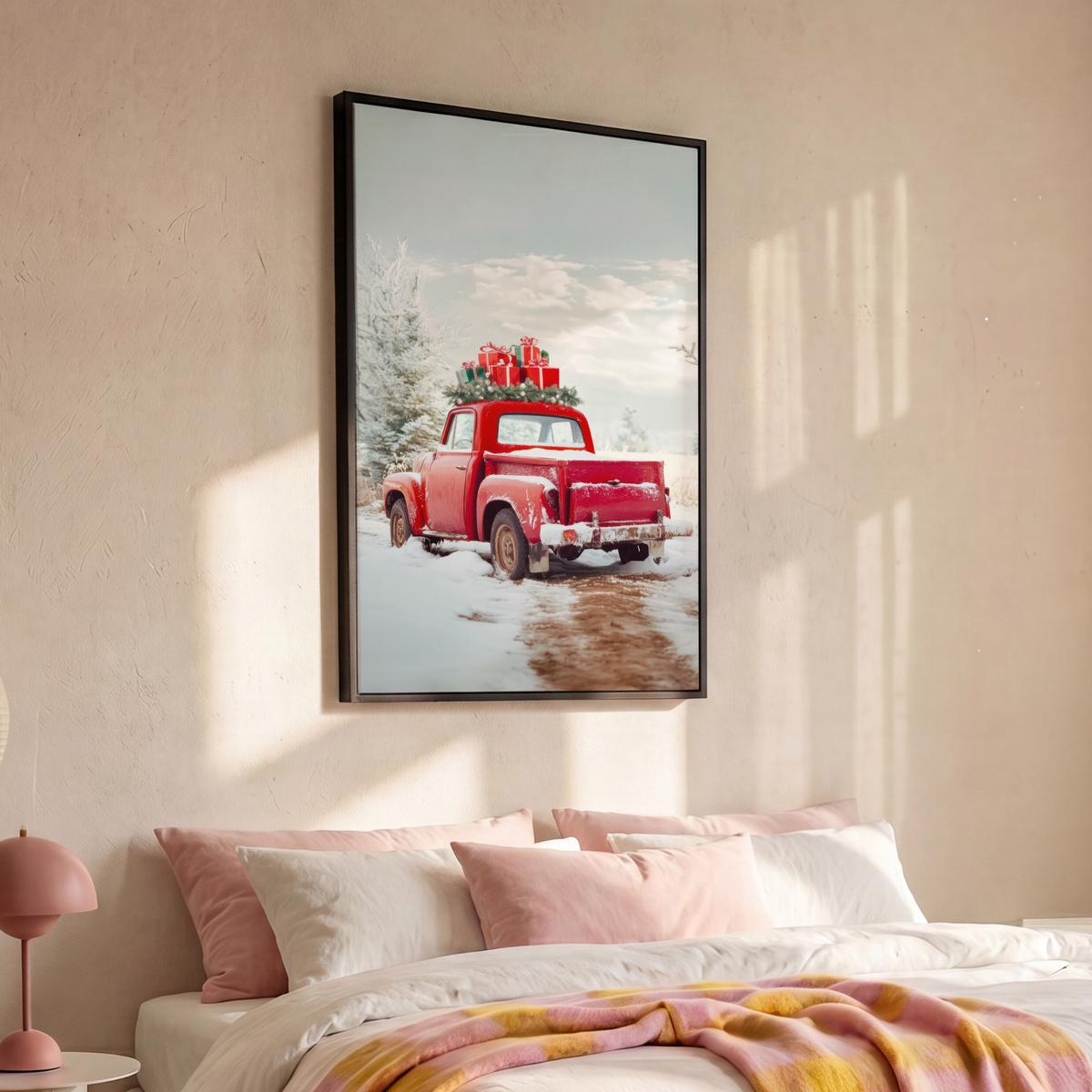 LEINWAND Bilder mit Rahmen - Auto - Rot - Geschenke - Winter - Schnee - Weihnachten - 90x140 - Rot, Textil (90/140cm) - MuchoWow