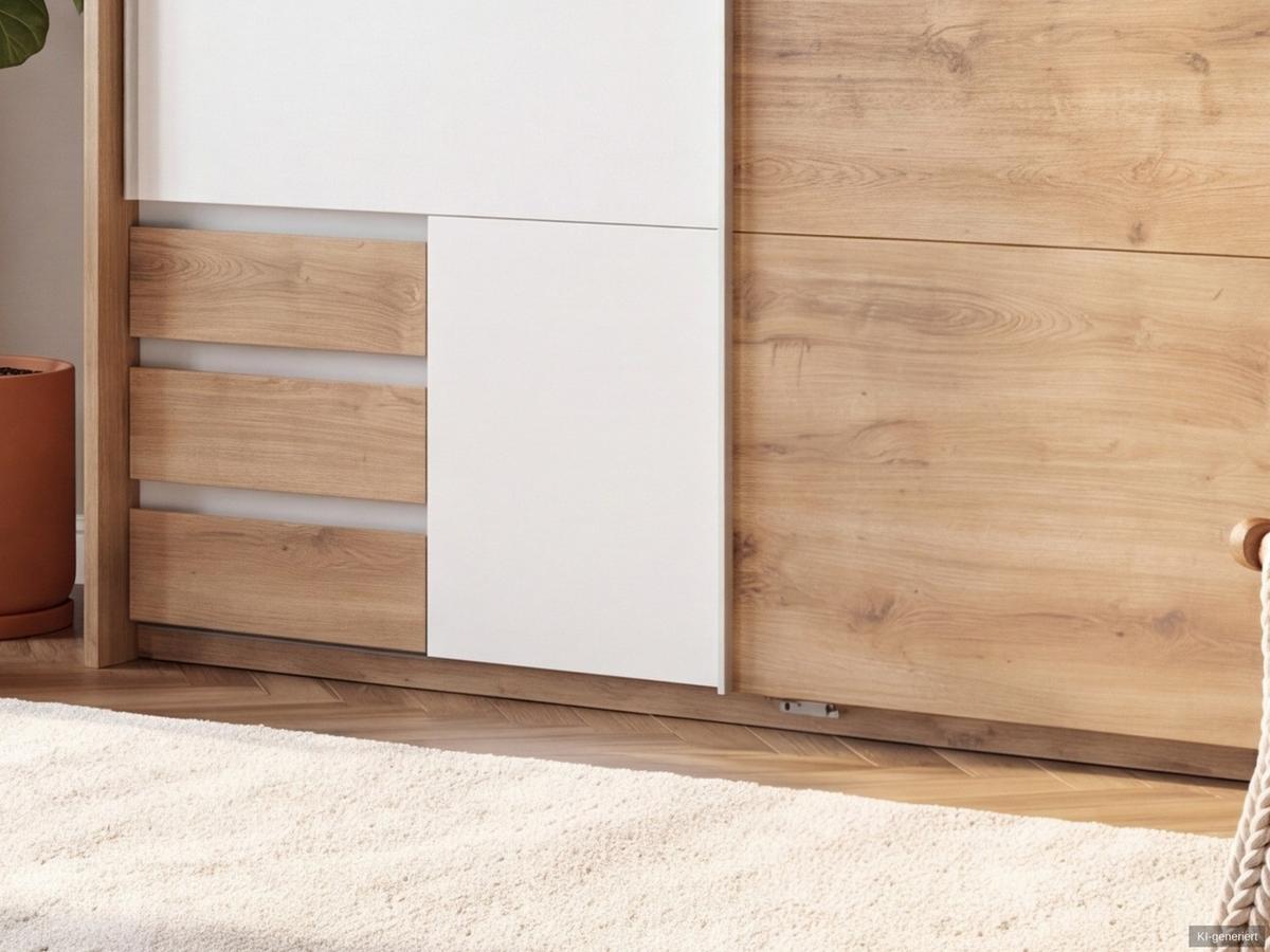 SCHWEBETÜRENSCHRANK 2-türig B183/H200/T65 cm, Passepartout-Kleiderschrank mit sichtbaren Schubkästen in Eiche Dekor, 1x Tür in Weiß / 22698 - Eichefarben/Alufarben, Holz/Holzwerkstoff (183/200/65cm) - luma-home
