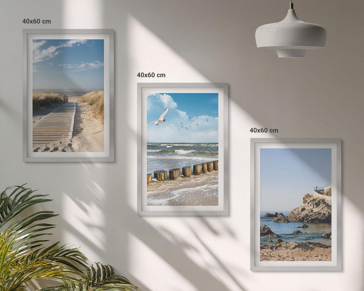 BILDER SET 3er Set - 40x60 cm Silberner Rahmen - Strand Holzsteg Klippen - Silberfarben, Kunststoff (40/60cm) - TULUP