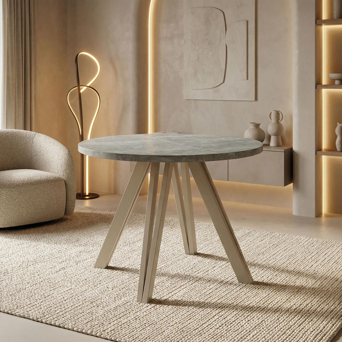 ESSTISCH Ravero runder ausziehbarer, Beton grau 100-180/100/77 cm - Kaschmir/Hellgrau, Holz/Holzwerkstoff (100/180/76.5cm) - WFL GROUP