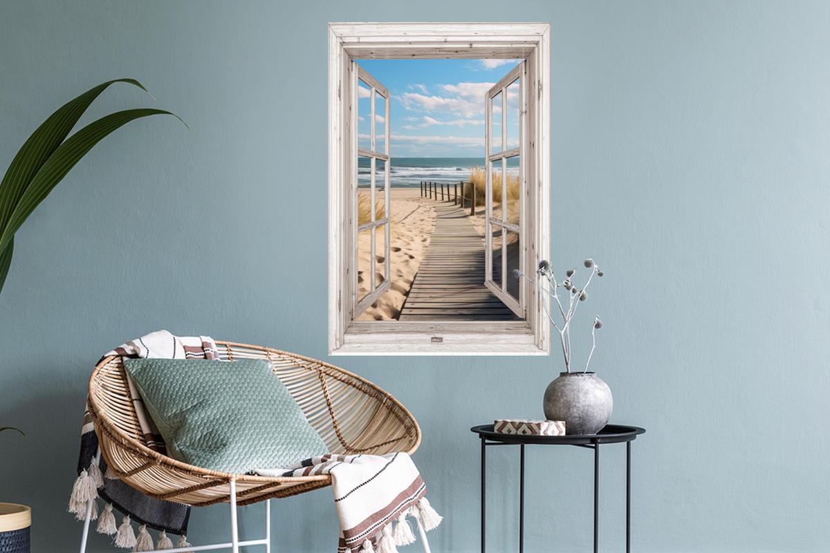 WANDTATTOO Fenster - Meer - Küste - Natur - Ausblick - Strand - Wattenmeer Wandbild 40x60 cm - Beige, Kunststoff (40/60/0.1cm) - MuchoWow
