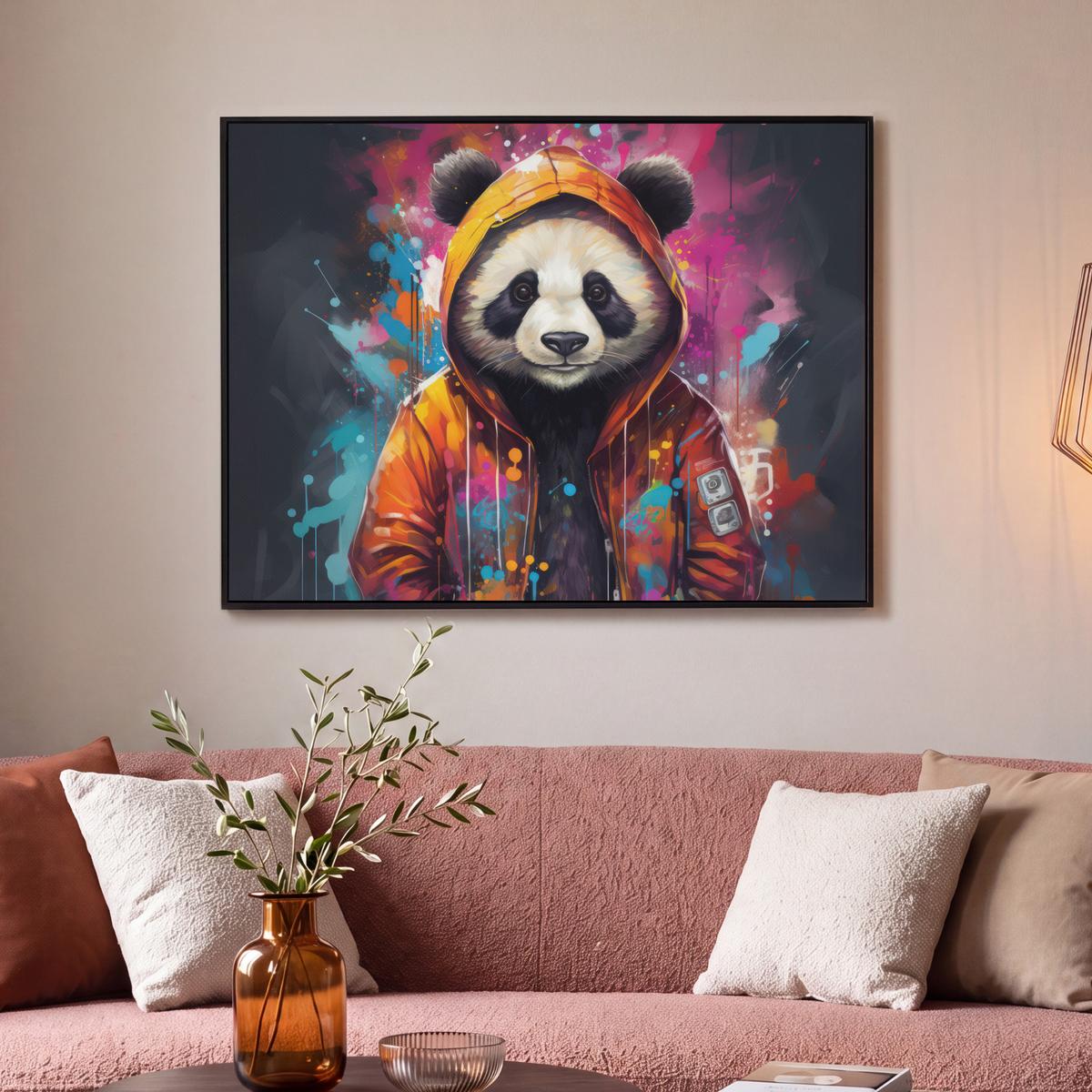 LEINWAND Bilder mit Rahmen - Panda - Jacke - Graffiti - Orange - 100x70 - Orange, Textil (100/70cm) - MuchoWow