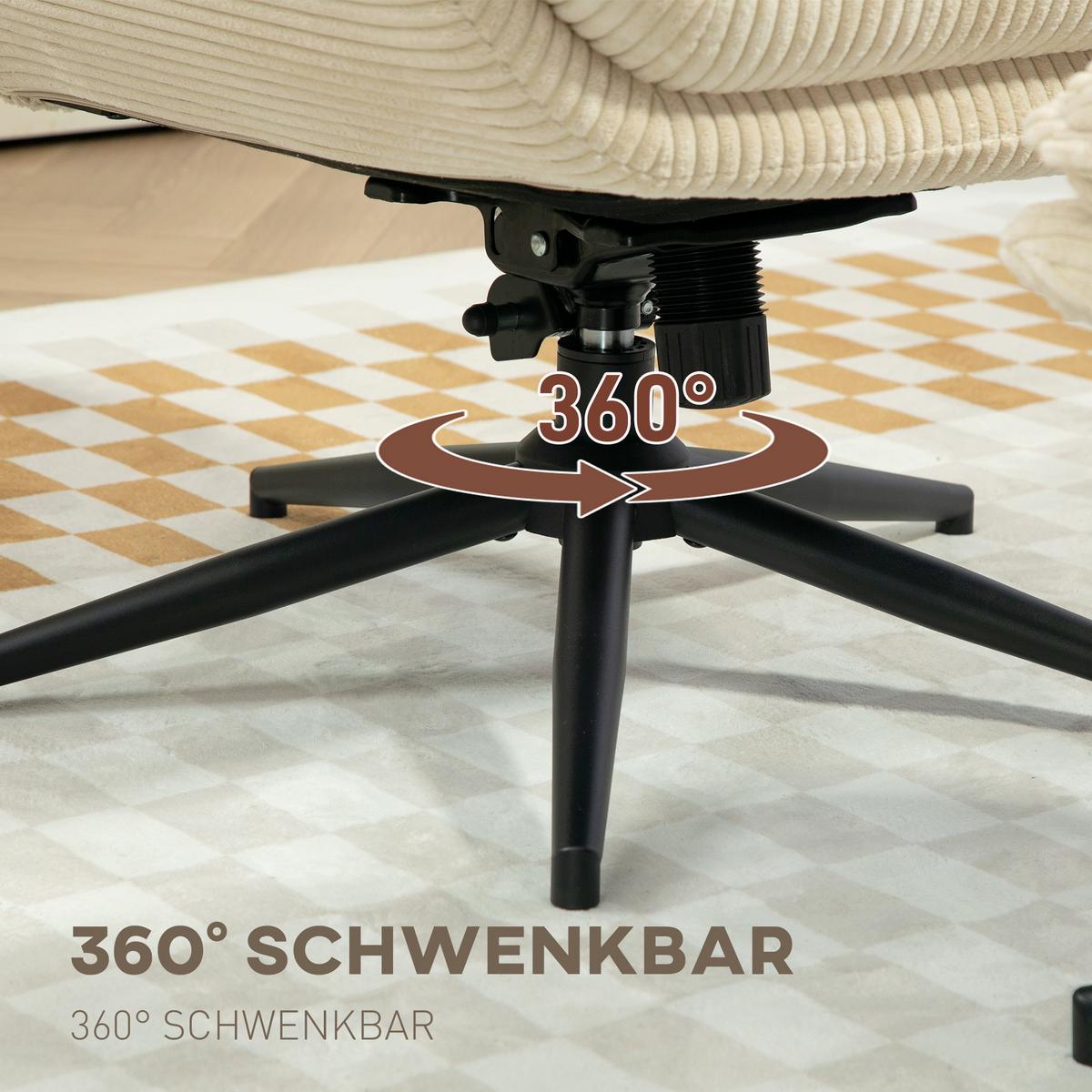 RELAXSESSEL mit Hocker 360°Drehbarer Fernsehsessel mit Liegefunktion, Cord Beige - Beige/Schwarz, Textil/Metall (72/107/83cm) - HOMCOM