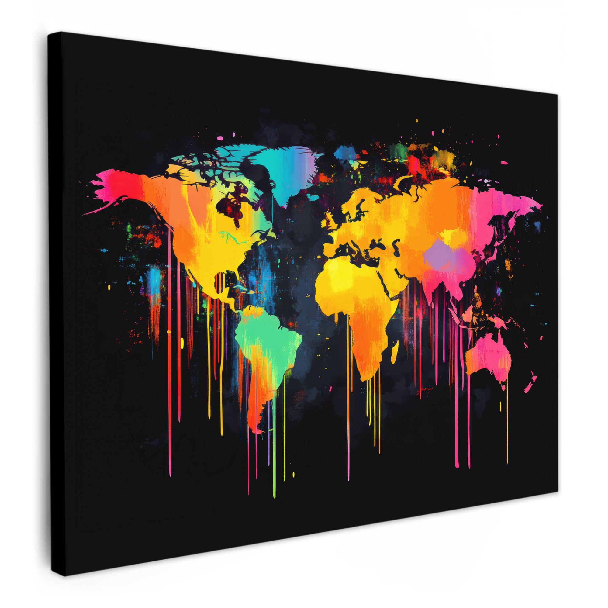 LEINWANDBILD Weltkarte - Farbe - Bunt - Graffiti - Welt Wandbild 40x30 cm - Multicolor, Textil (40/30cm) - MuchoWow