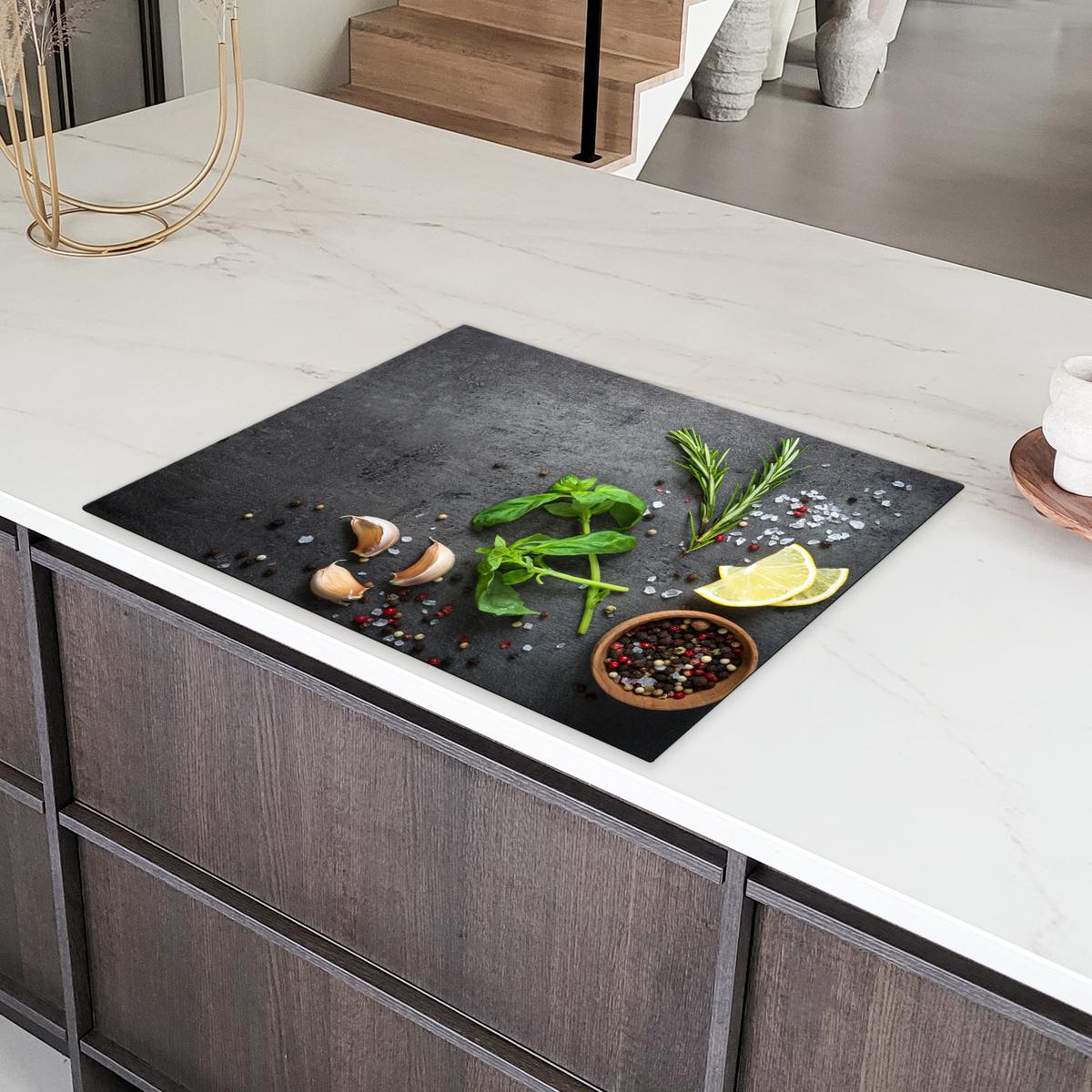 HERDABDECKPLATTE Limette - Kräuter - Gewürze - Grün - Grau - Beton Induktionsmatte 77x59 cm - Grün, Kunststoff (77/59/0.2cm) - MuchoWow