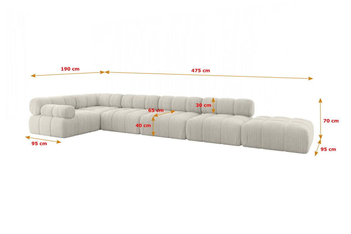 ECKSOFA modulares Sofa Felto-L3 - 475x190x70 cm Creme Cord - Hellgrau/Creme, Holzwerkstoff/Textil (475/190cm) - ALTDECOR