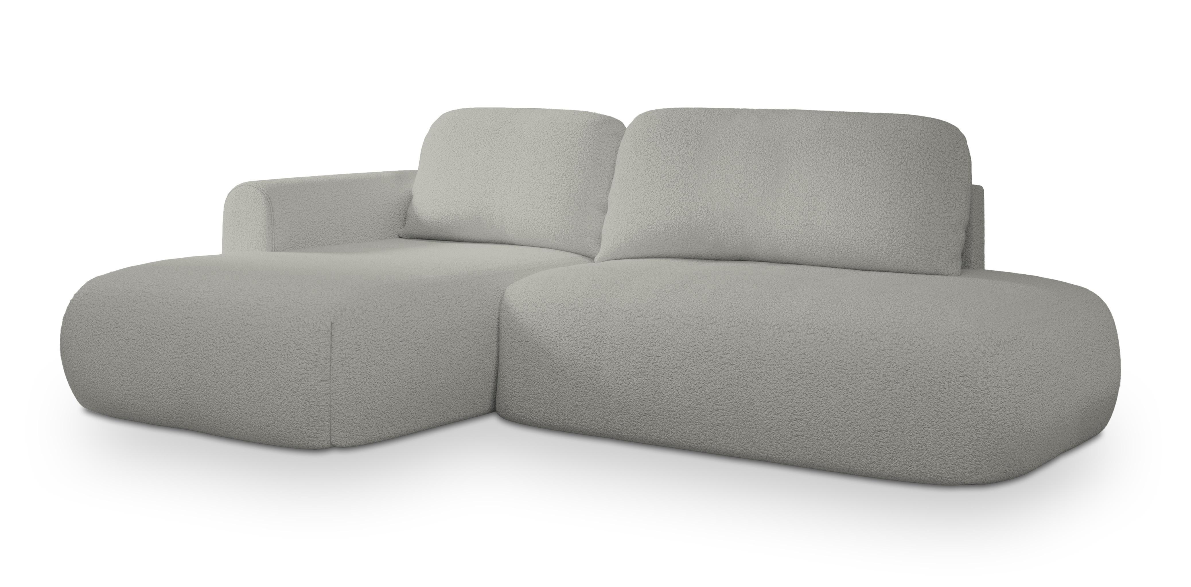 ECKSOFA NUVIRA L-S Hellgrau Boucle-Stoff mit Schlaffunktion - Hellgrau, Holz (279/158cm) - MASSENO
