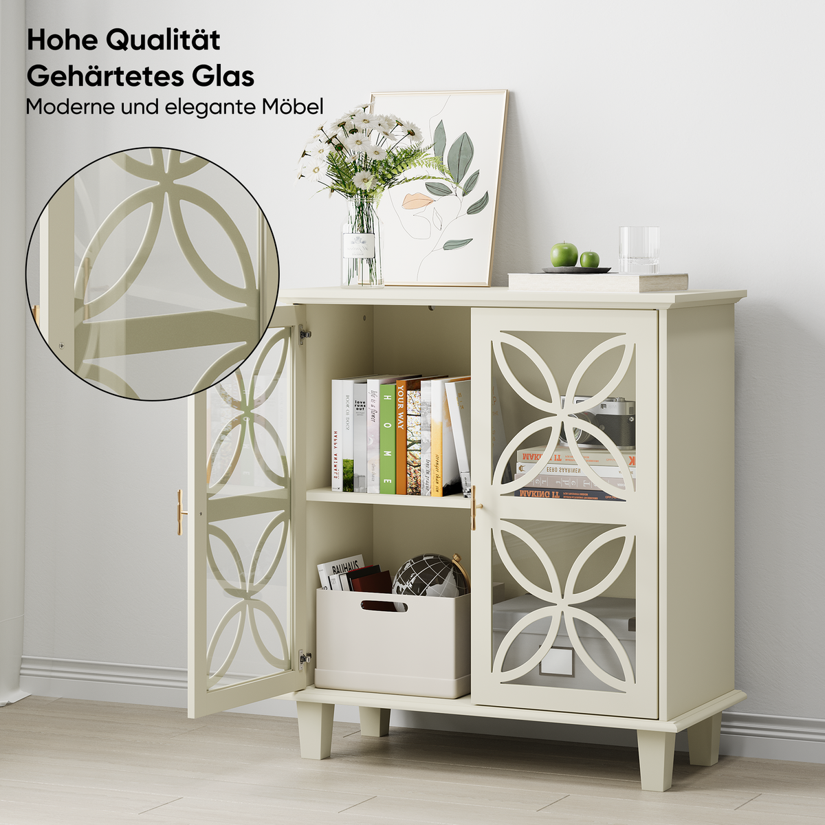 SIDEBOARD 80 cm Creme MDF & Glas mit 2 Glastüren und verstellbaren Regalen - Beige/Creme, Holzwerkstoff (80/87/38cm) - Urban Meuble
