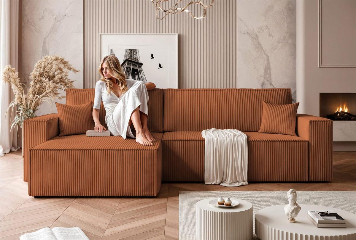ECKSOFA Adara Max Mit Schlaffunktion - Hellbraun, Holzwerkstoff/Textil (276/145cm) - Fun Möbel