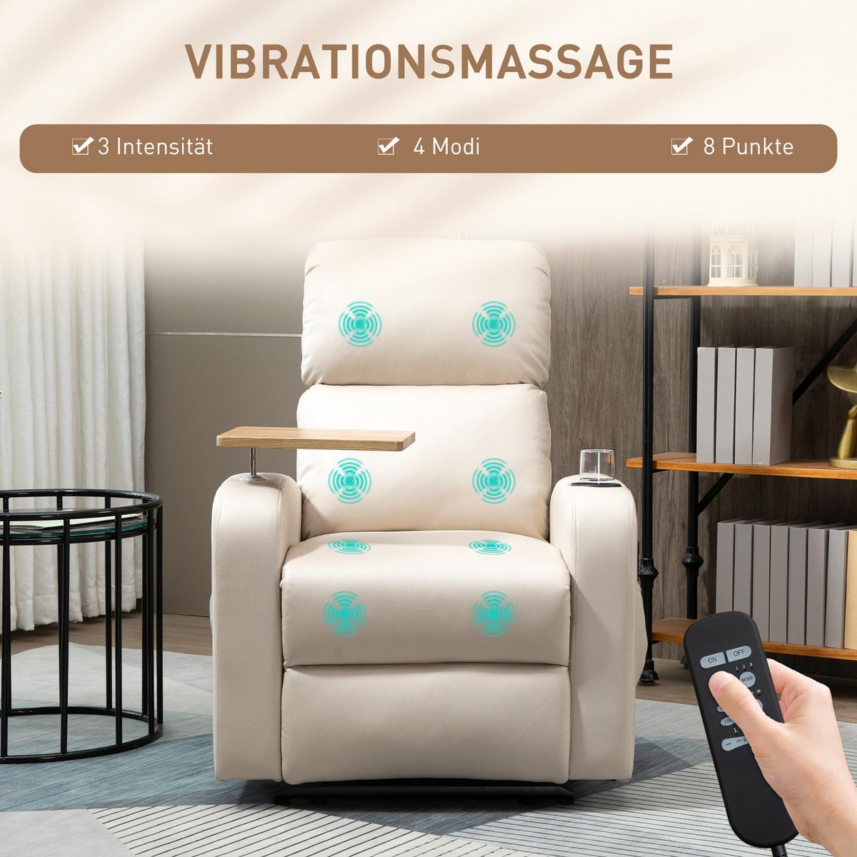 RELAXSESSEL Massagesessel Fernsehsessel mit Massagefunktion, Drehbarer Tisch - Beige, Metall (93/105/77cm) - HOMCOM