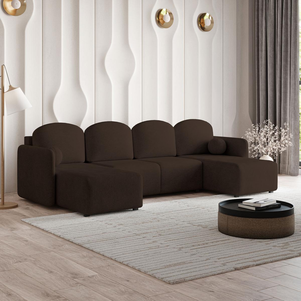WOHNLANDSCHAFT NUBERO Braun Geflochtener Stoff mit Schlaffunktion - Braun, Holz (285/85/143cm) - MASSENO