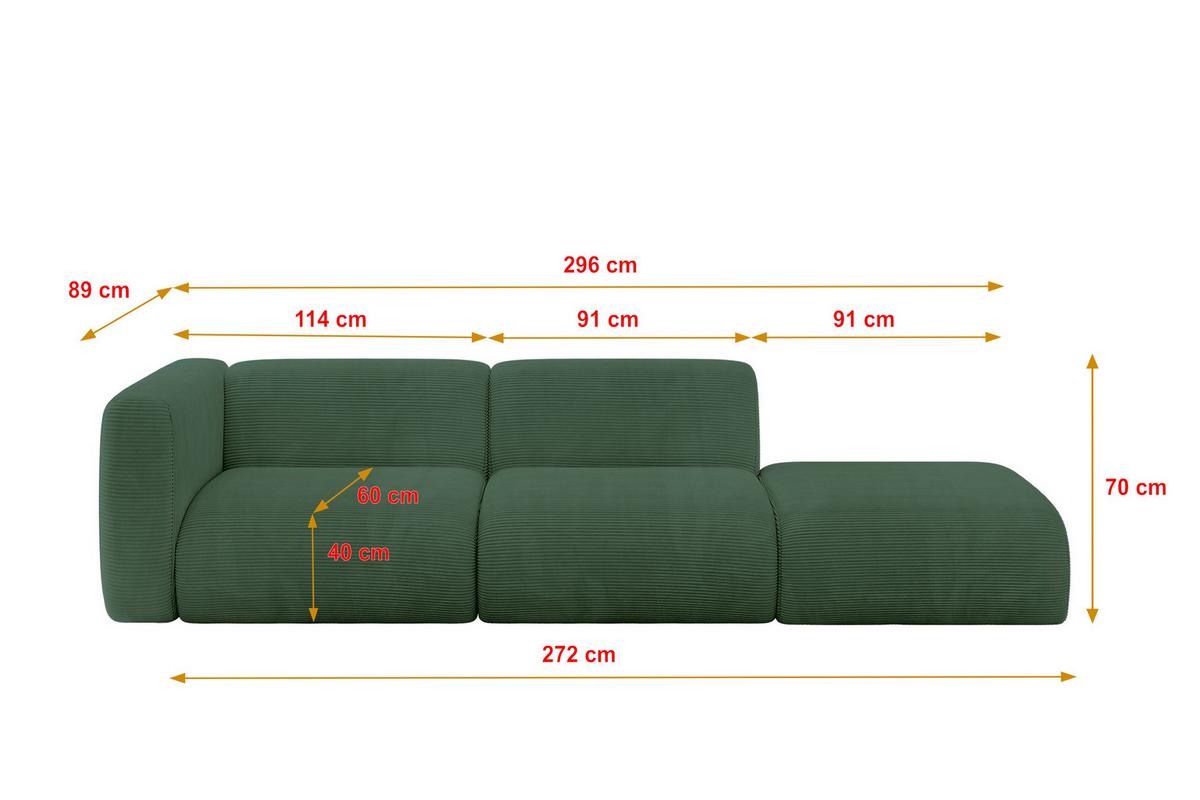 SOFA Ottomane Links MIRA-S3 296x89x70 Grün Cord - Salbeigrün/Schwarz, Holzwerkstoff/Kunststoff (296/70/89cm) - ALTDECOR