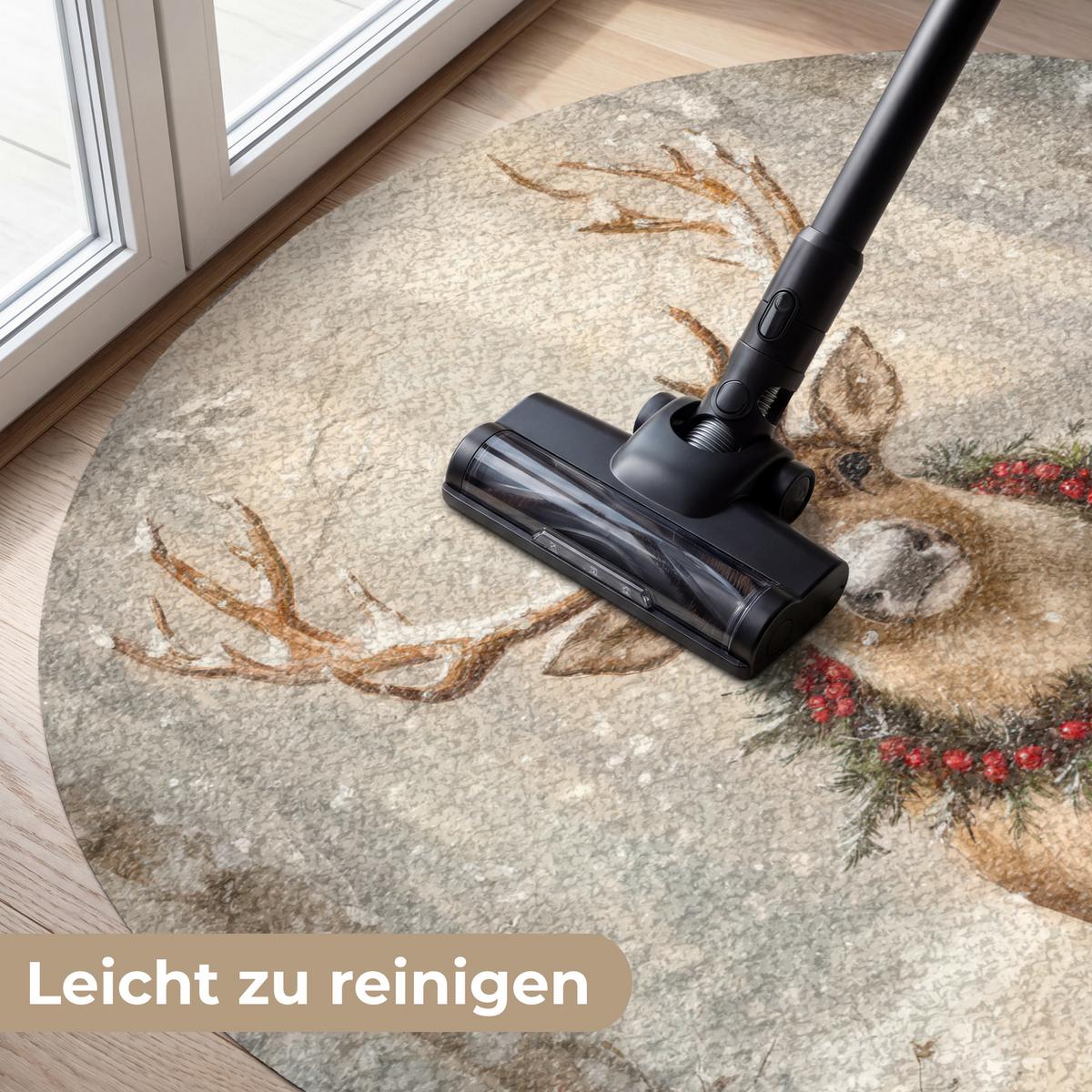 FUSSMATTE Weihnachten - Rentier - Winter - Kranz Flurteppich 120x120 cm - Braun, Kunststoff (120/0.4cm) - MuchoWow