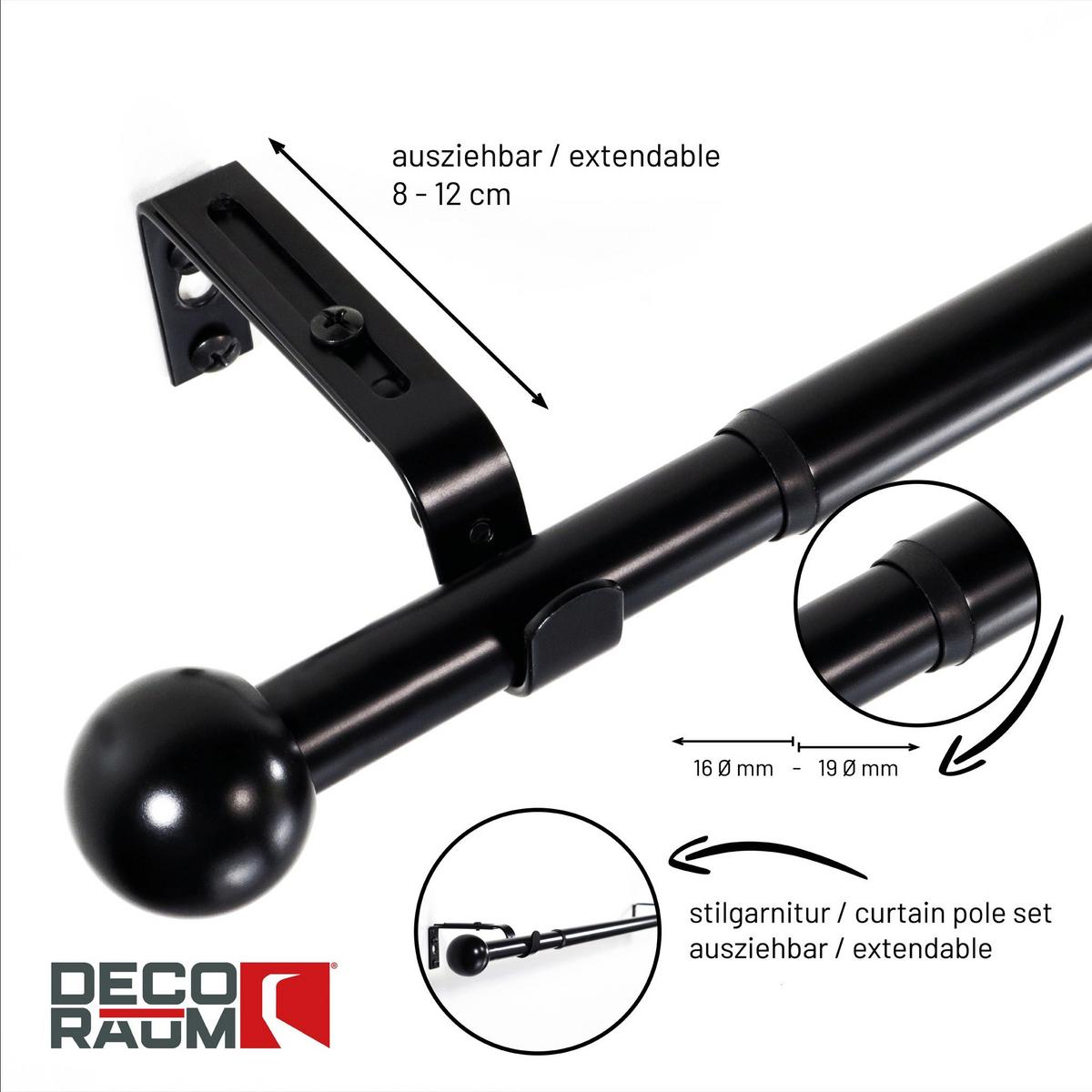 GARDINENSTANGE ausziehbar 120-210cm 1-Lauf Flexa Kugel - Schwarz, Metall (120cm) - Deco-Raum