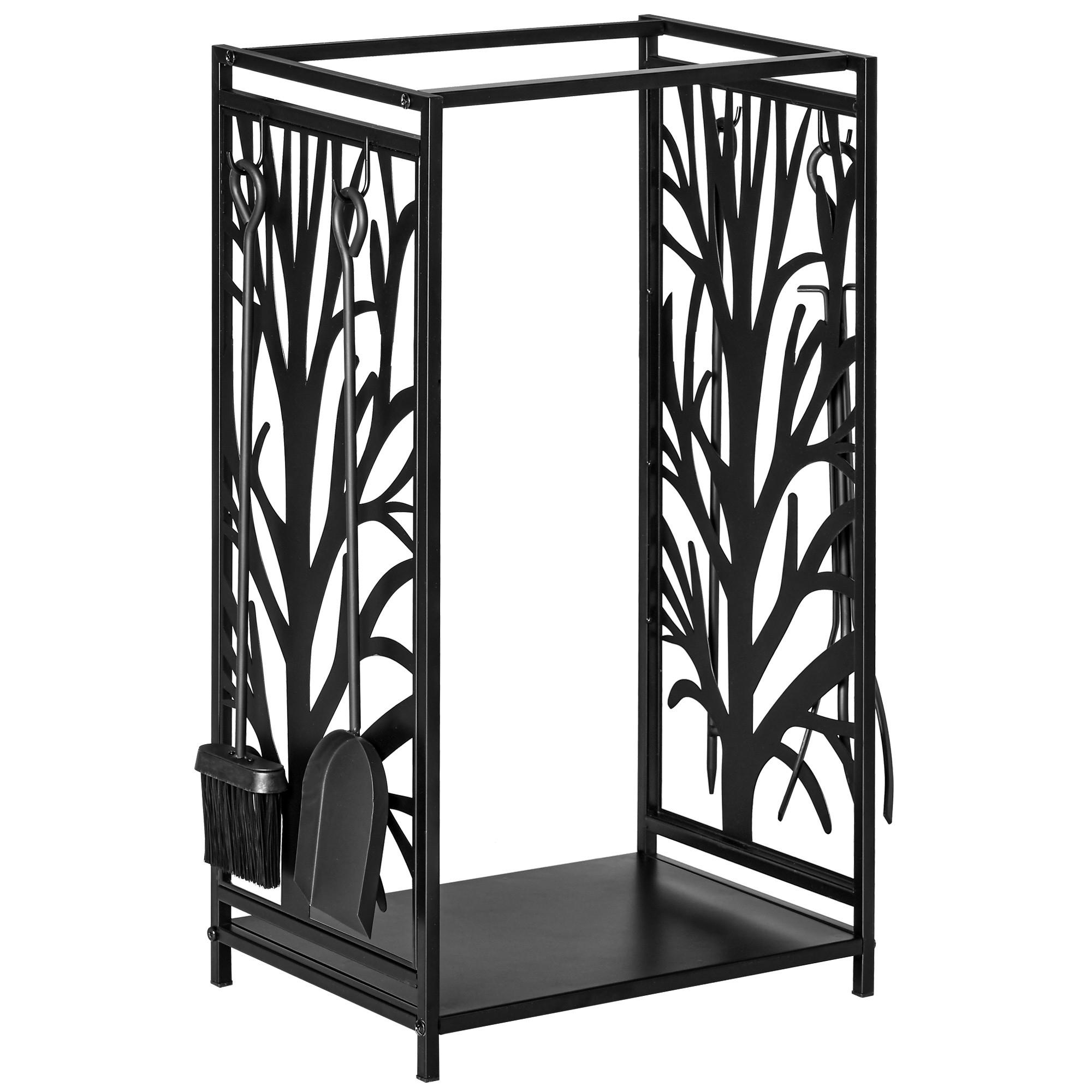 KAMINHOLZREGAL mit Kaminbesteck Erhöhtes Brennholzregal Feuerholzablage Stahl - Schwarz, Metall (30/70/46cm) - HOMCOM