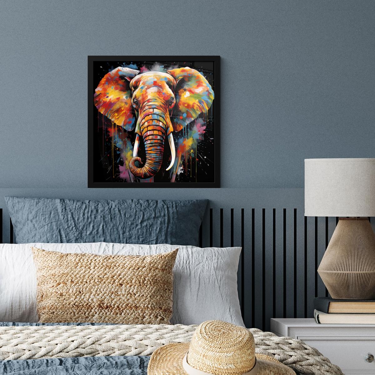 POSTER MIT RAHMENGERAHMTES BILD Elefant - Graffiti - Schwarz - Tiere - Farben 40x40 cm - Schwarz, Papier (40/40cm) - MuchoWow