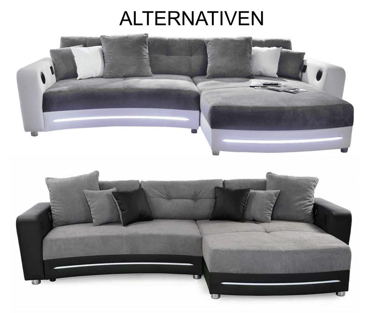 MULTIMEDIA-ECKSOFA Soundsystem RGB-LED Beleuchtung Bluetooth USB AUX-in,seitenverkehrt montierbar B322/T190/H88cm,Kunstleder Schwarz-Mikrof.Grau/15411 - Chromfarben/Schwarz, Kunststoff/Textil (322/88/190cm) - luma-home