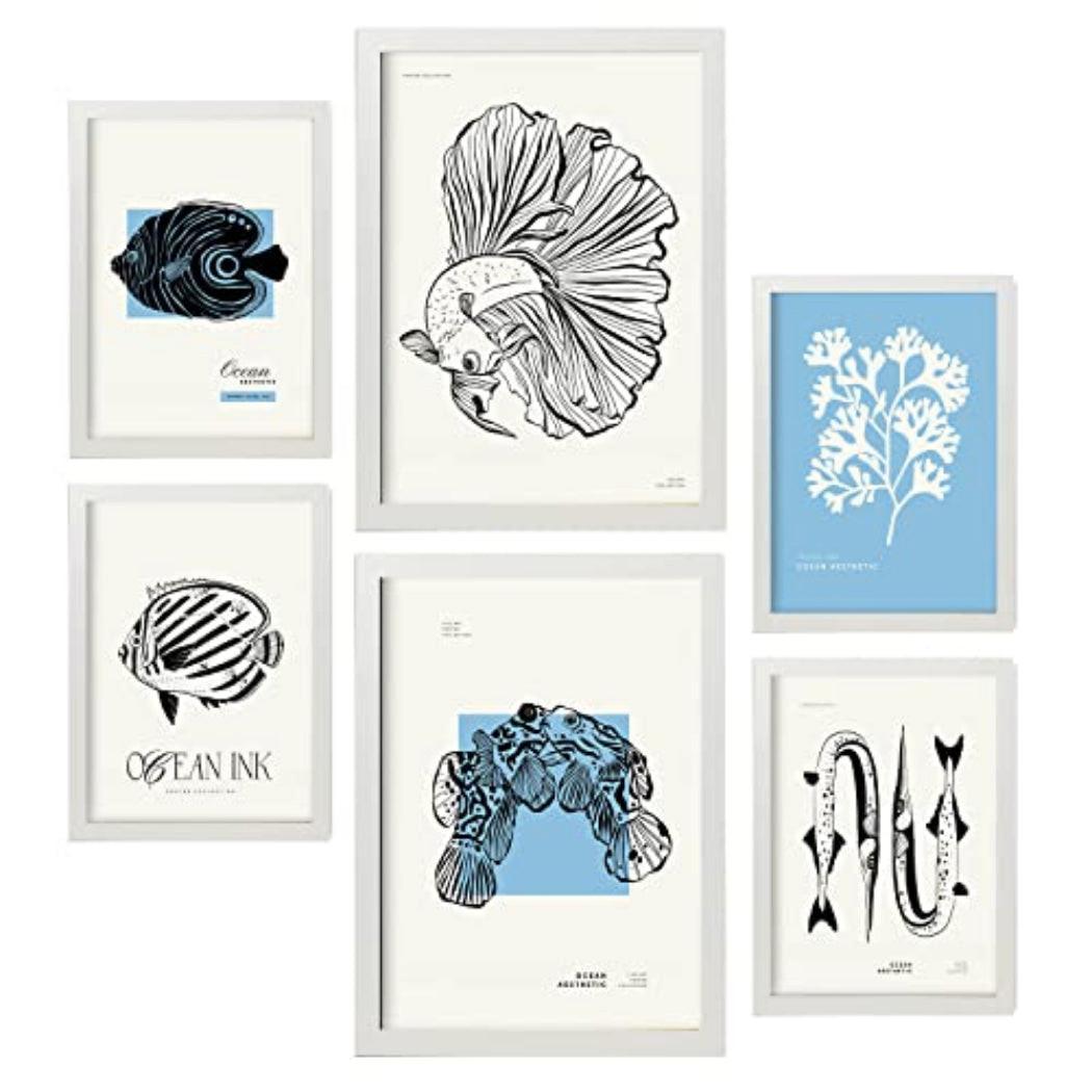 POSTER Set Mit 6 In Schwarzer Tinte Fische Kunstdrucke Von Meer Und Ozean Für Innenarchitektur A3 & A4 Weißer Rahmen - Weiß, Papier (29/3cm) - Nacnic