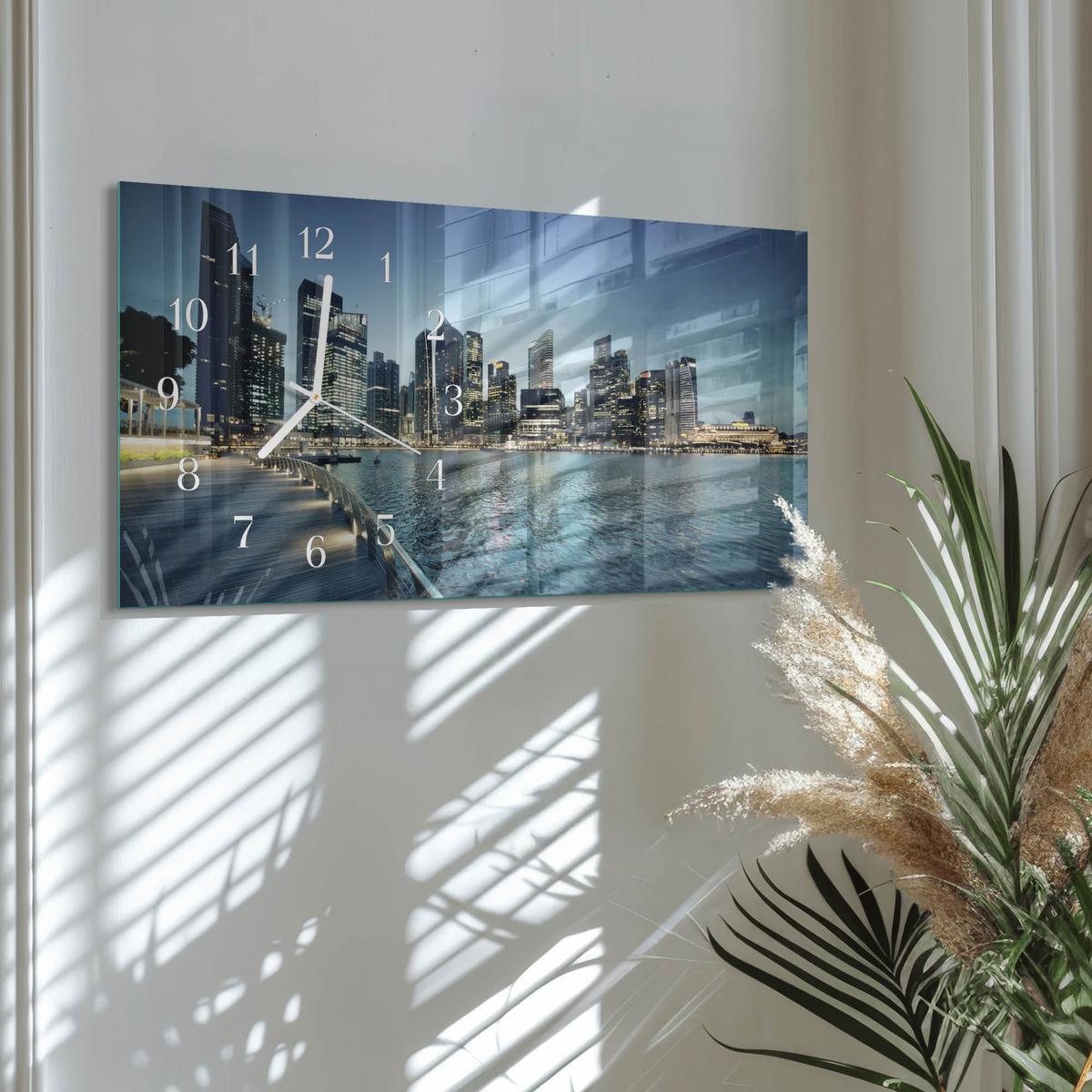 WANDUHR aus Glas 60x30 cm - Stadt bei Nacht - Blau, Glas (60/30/0.4cm) - TULUP