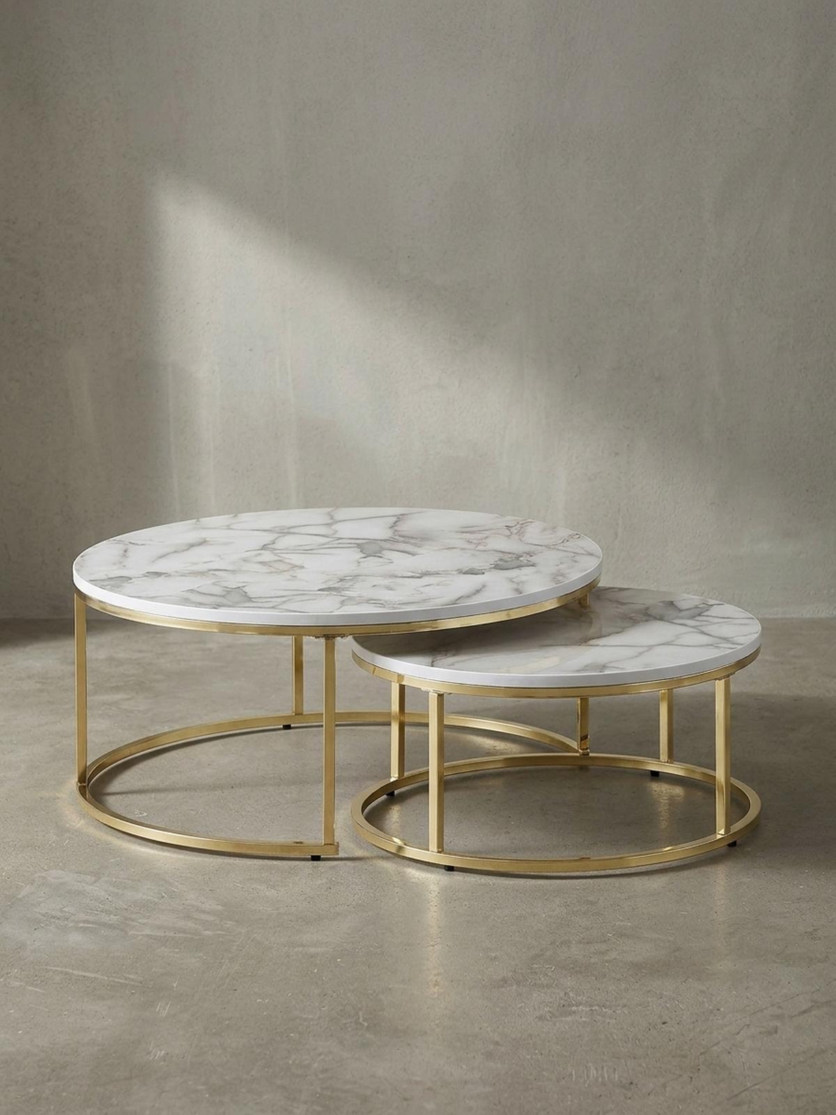 COUCHTISCH 2er Set Marmoroptik Metall Eichenholz Ineinanderschiebbar, Gold 80x80x36 cm - Goldfarben, Holz/Metall (80/80/36cm) - KADIMA DESIGN