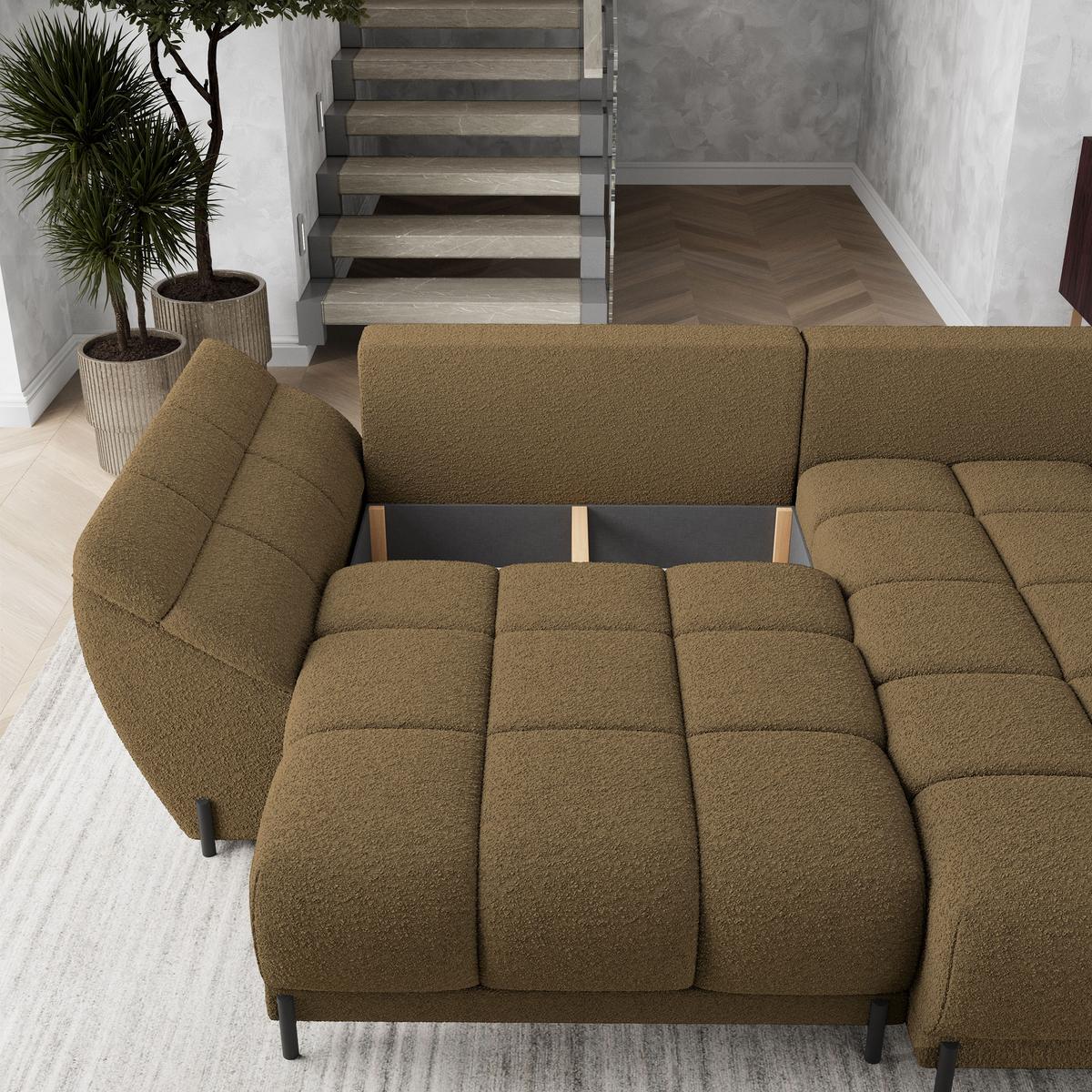 ECKSOFA VESTANO R-S Orange Boucle-Stoff mit Schlaffunktion - Orange, Holz (287/182cm) - MASSENO