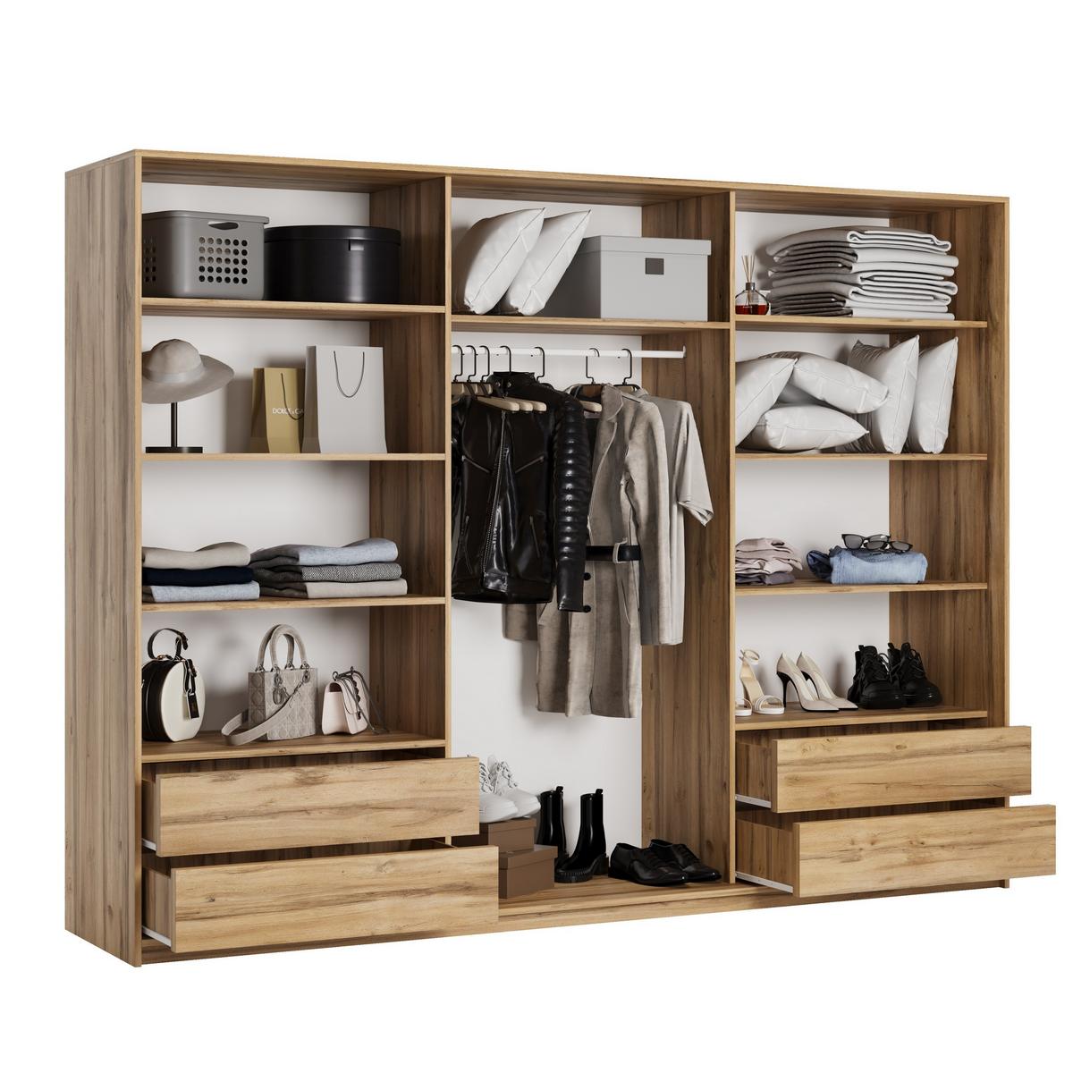 SCHWEBETÜRENSCHRANK VONTE 250/205/60 cm 3-türig mit Lamellen Eiche Wotan - Eiche Wotan/Schwarz, Holzwerkstoff (250/205/60cm) - MASSENO
