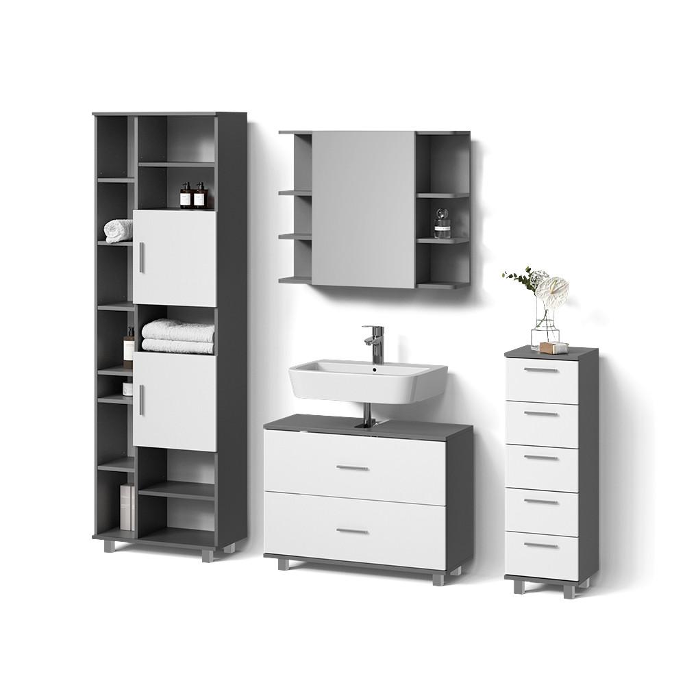 BADMÖBEL-SET Eisak Weiß/Anthrazit 4 Teile, mit Hochschrank - Anthrazit/Weiß, Holzwerkstoff (80/60/33cm) - Livinity®