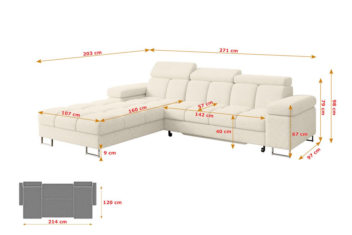 ECKSOFA mit Schlaffunktion Ottomane Links 271x203x79 Creme Tissu - Creme, Holzwerkstoff/Textil (271/203cm) - ALTDECOR