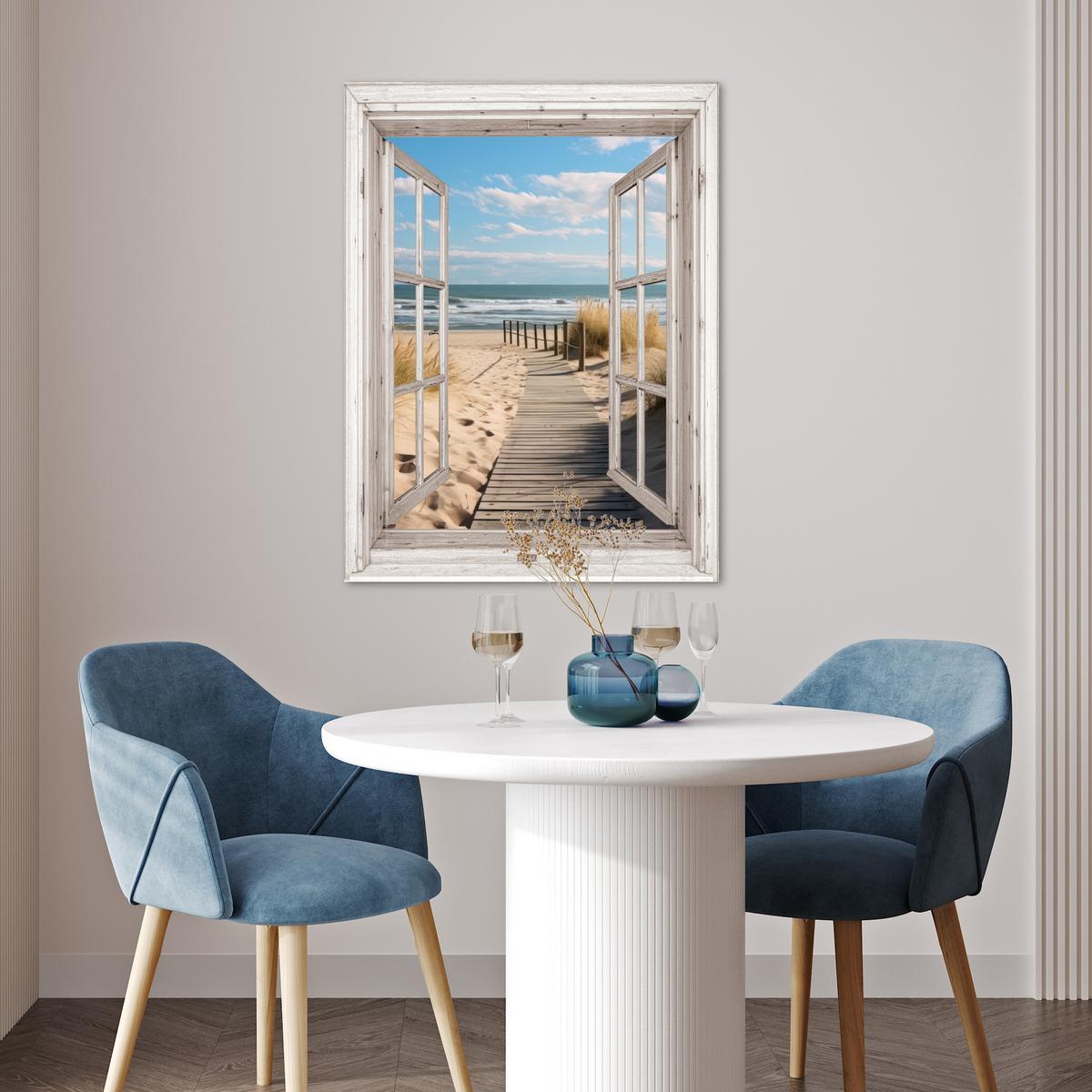 POSTER Fenster - Meer - Küste - Natur - Ausblick - Strand - Wattenmeer Deko Wohnzimmer 60x80 cm - Beige, Papier (60/80/0.1cm) - MuchoWow
