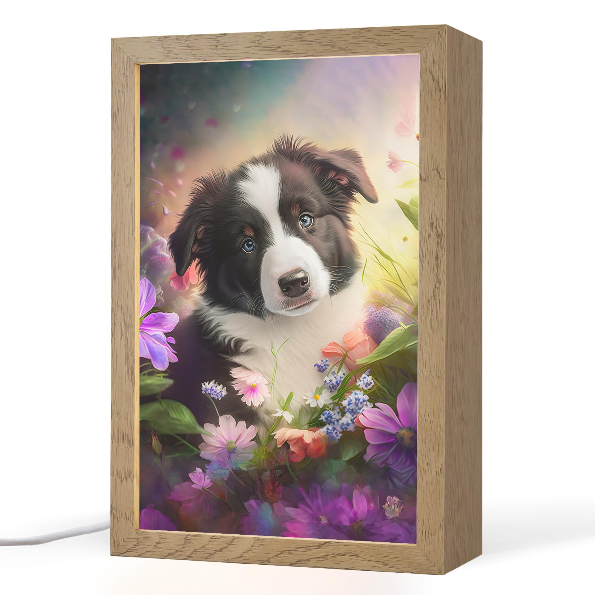 NACHTTISCHLAMPE Welpe - Sonne - Blumen - Natur - Border Collie - Hund 20x30 cm - Violett, Holzwerkstoff (8/20/30cm) - OnlyWow