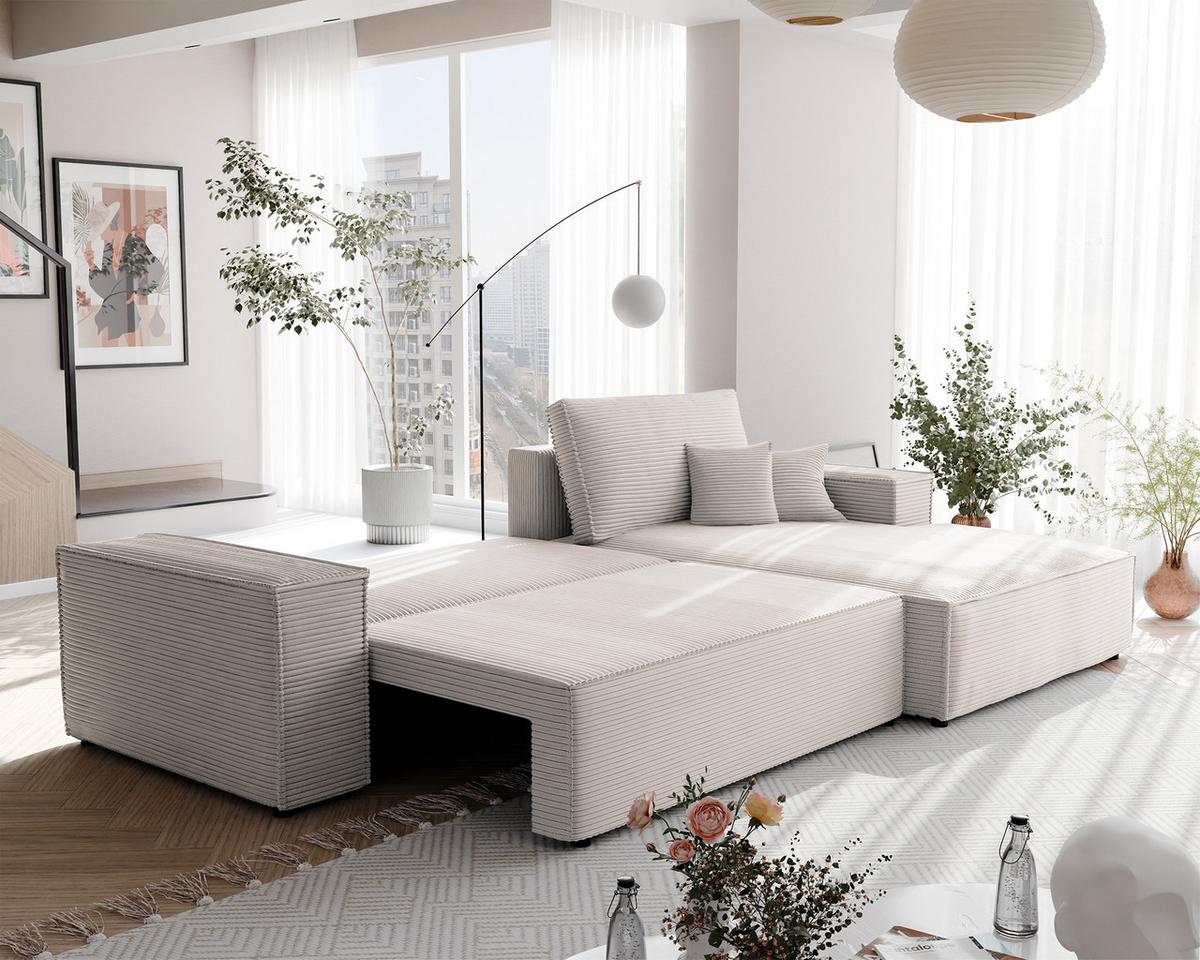 ECKSOFA NOVA Rechts mit Schlaffunktion und Bettkasten Creme - Creme, Kunststoff/Textil (294/185cm) - Idohome