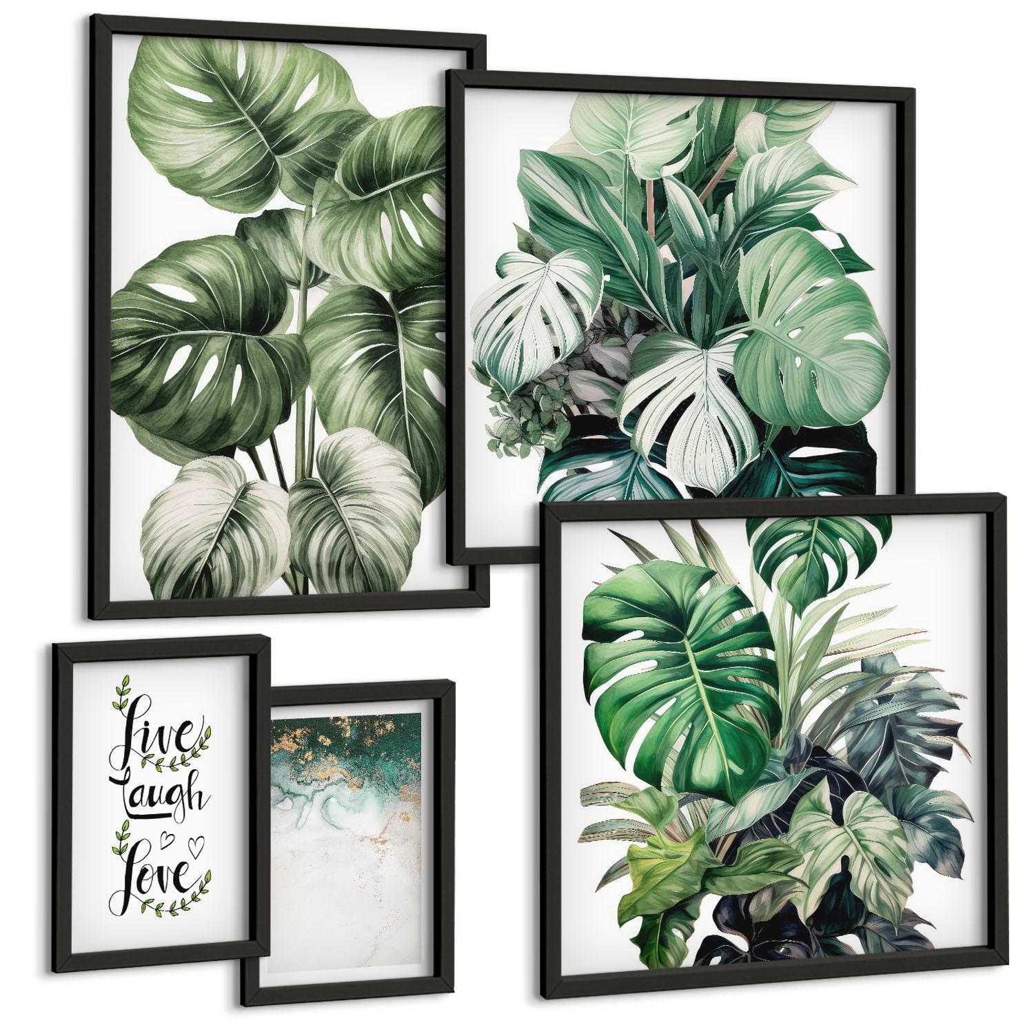BILDER SET 5er Set - 50x50 cm & 20x30 cm & 40x60 cm Schwarzer Rahmen - Blattpflanzen leben, lachen, lieben - Schwarz, Kunststoff (40/60cm) - TULUP