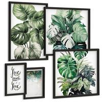 BILDER SET 5er Set - 50x50 cm & 20x30 cm & 40x60 cm Schwarzer Rahmen - Blattpflanzen leben, lachen, lieben - Schwarz, Kunststoff (40/60cm) - TULUP