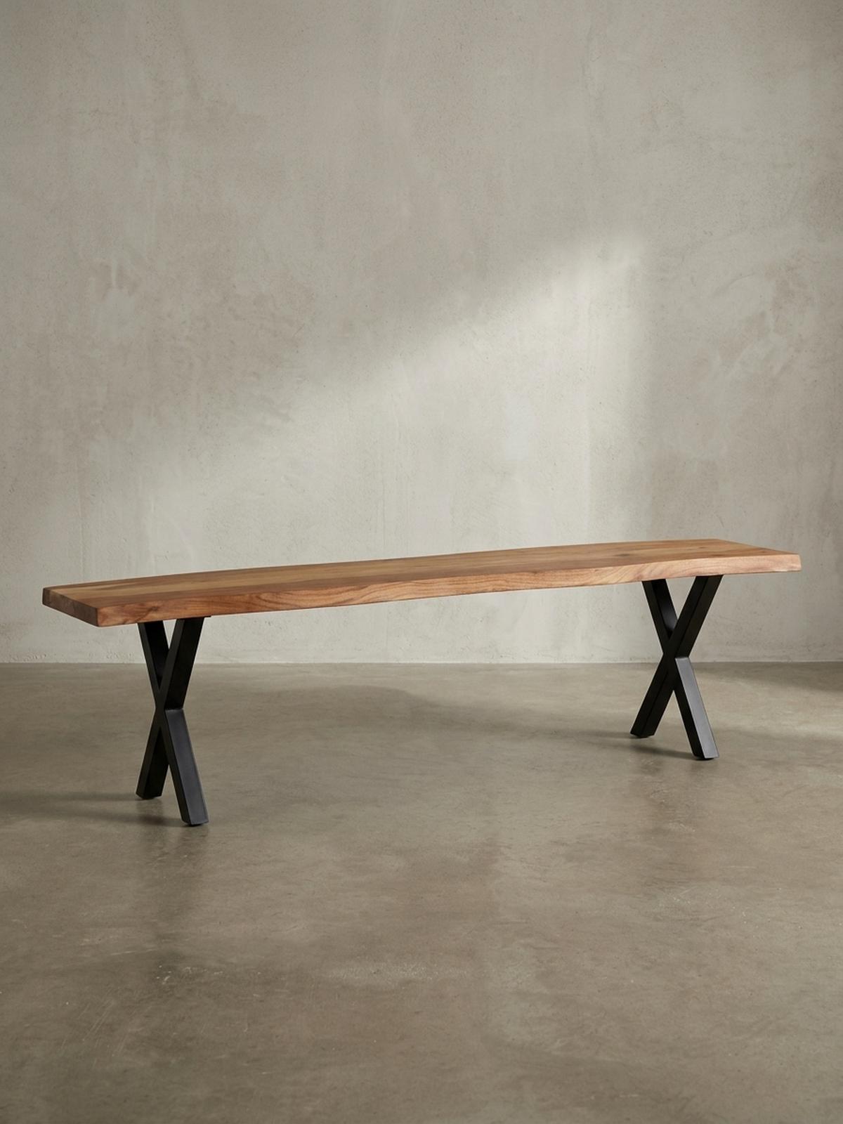 ESSZIMMERBANK Massivholz Metall Baumkante X-Beine, Akazie 140x40x46 cm - Schwarz/Braun, Holz/Metall (140/46/40cm) - KADIMA DESIGN
