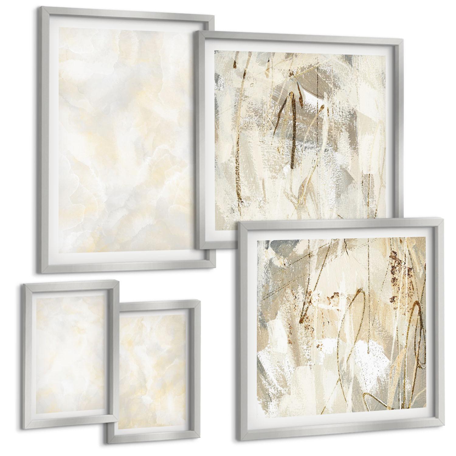 BILDER SET 5er Set - 50x50 cm & 20x30 cm & 40x60 cm Silberner Rahmen - Helles Strukturfarbendesign - Silberfarben, Kunststoff (40/60cm) - TULUP