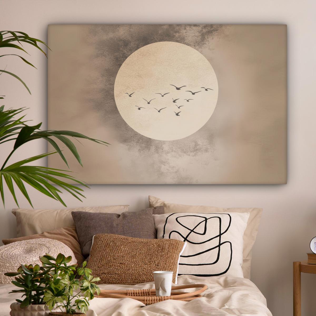 LEINWANDBILD Vogel - Beige - Japanisch Groß 140x90 cm - Taupe, Textil (140/90cm) - MuchoWow