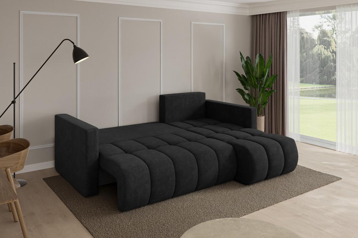 ECKSOFA mit Schlaffunktion Ottomane Rechts GARD-L 226x146x85 Schwarz Velours - Schwarz, Holzwerkstoff/Kunststoff (226/146cm) - ALTDECOR