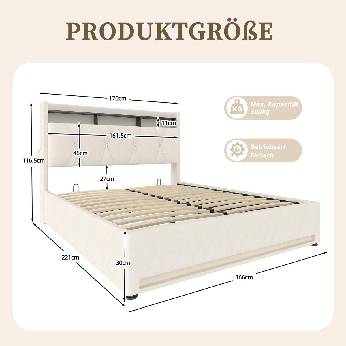 POLSTERBETT samt beige 160x200 cm mit led-beleuchtung, usb-c & stauraum-kopfteil - Beige, Textil (160/200cm) - Urban Meuble