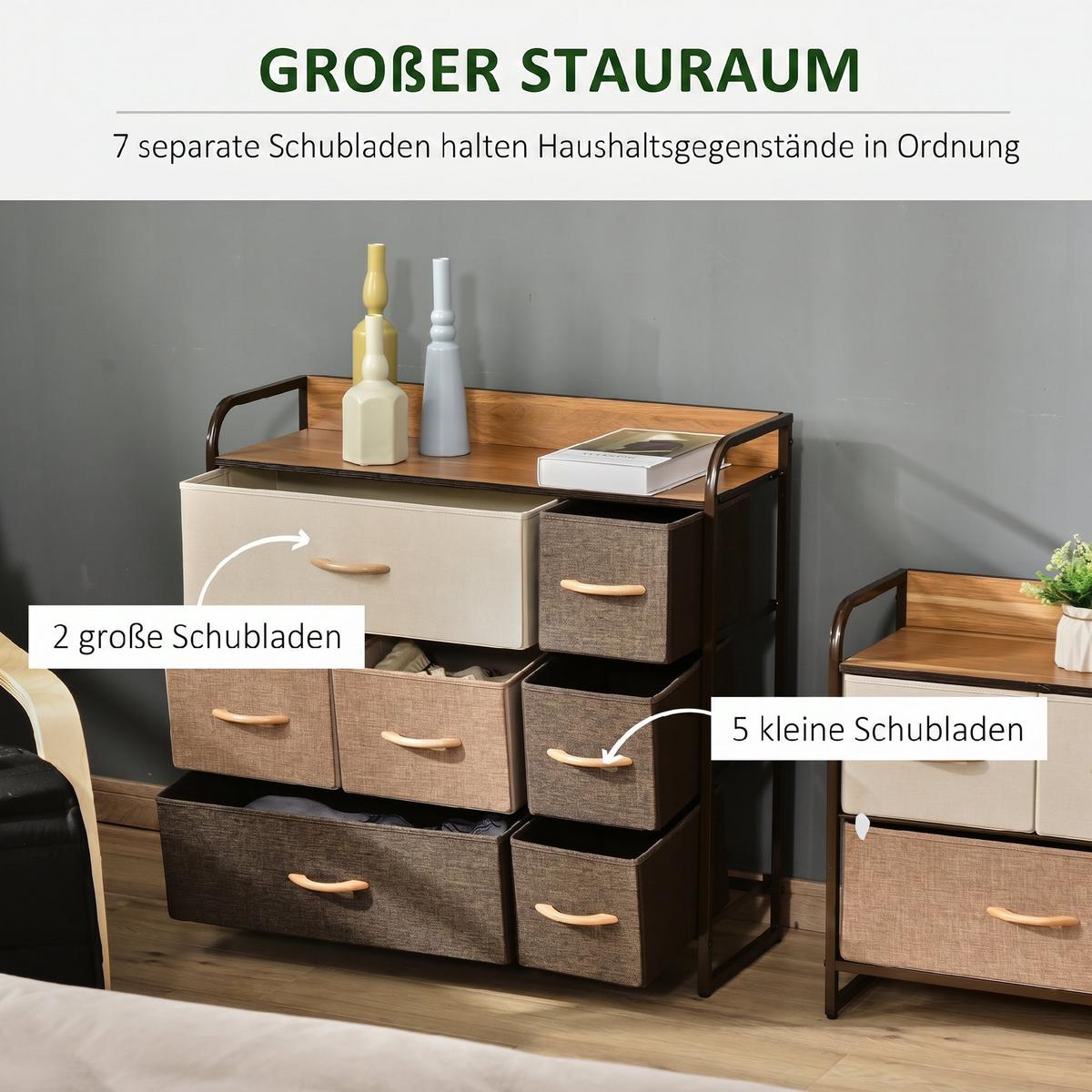 KOMMODE Leinenstoff Stahl Bunt - Multicolor/Naturfarben, Holz/Textil (29/78.5/80cm) - HOMCOM