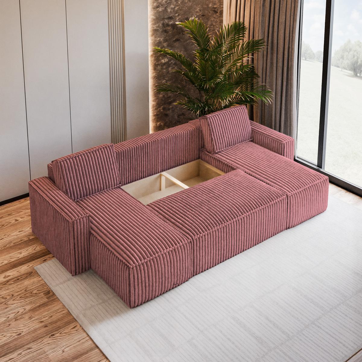WOHNLANDSCHAFT PESANO T Rosa Kordstoff mit Schlaffunktion - Rosa/Grau, Holz/Kunststoff (306/85/140cm) - MASSENO