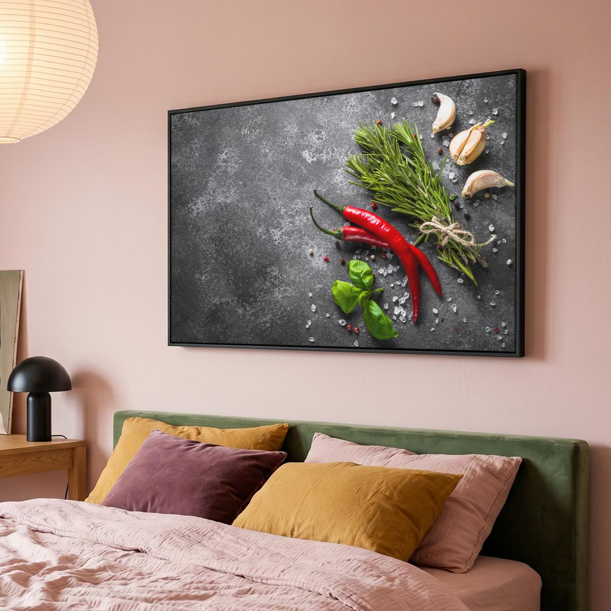 LEINWAND Bilder mit Rahmen - Pfeffer - Kräuter - Gewürze - Beton - 150x100 - Dunkelgrau, Textil (150/100cm) - MuchoWow