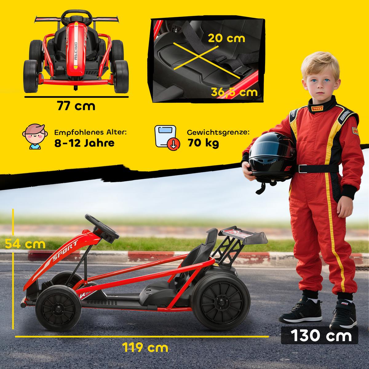 KINDER-ELEKTRO-GOKART 24 V 6-13km/h mit Musik und Hupe - Rot, Kunststoff (119/77/54cm) - AIYAPLAY