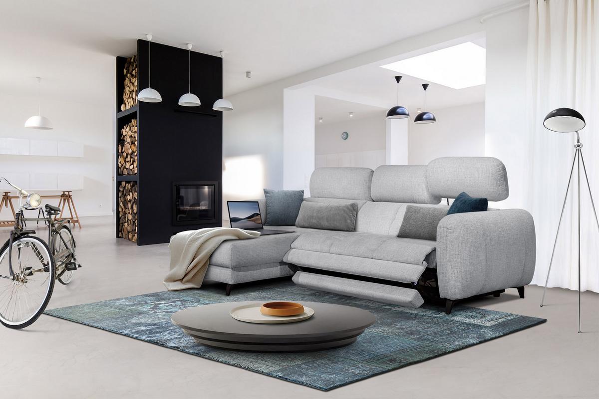 ECKSOFA SVEN 3-Sitzer, 1 Relax XL, verstellbare Kopfstützen, hellgrau - Hellgrau/Schwarz, Holzwerkstoff/Textil (256/163cm) - Wozimo