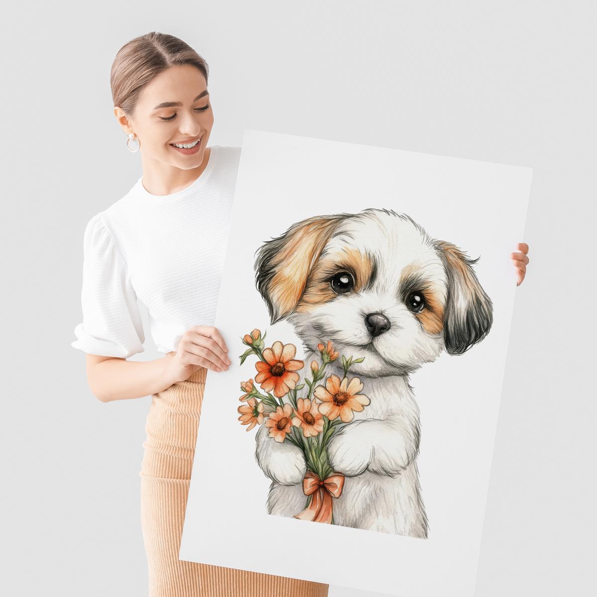 POSTER SET für Kinderzimmer HUNDE Welpen Blumen Tiere 3x Poster A4 21x30cm - Beige/Rot, Papier (21/30/1cm) - Muralo