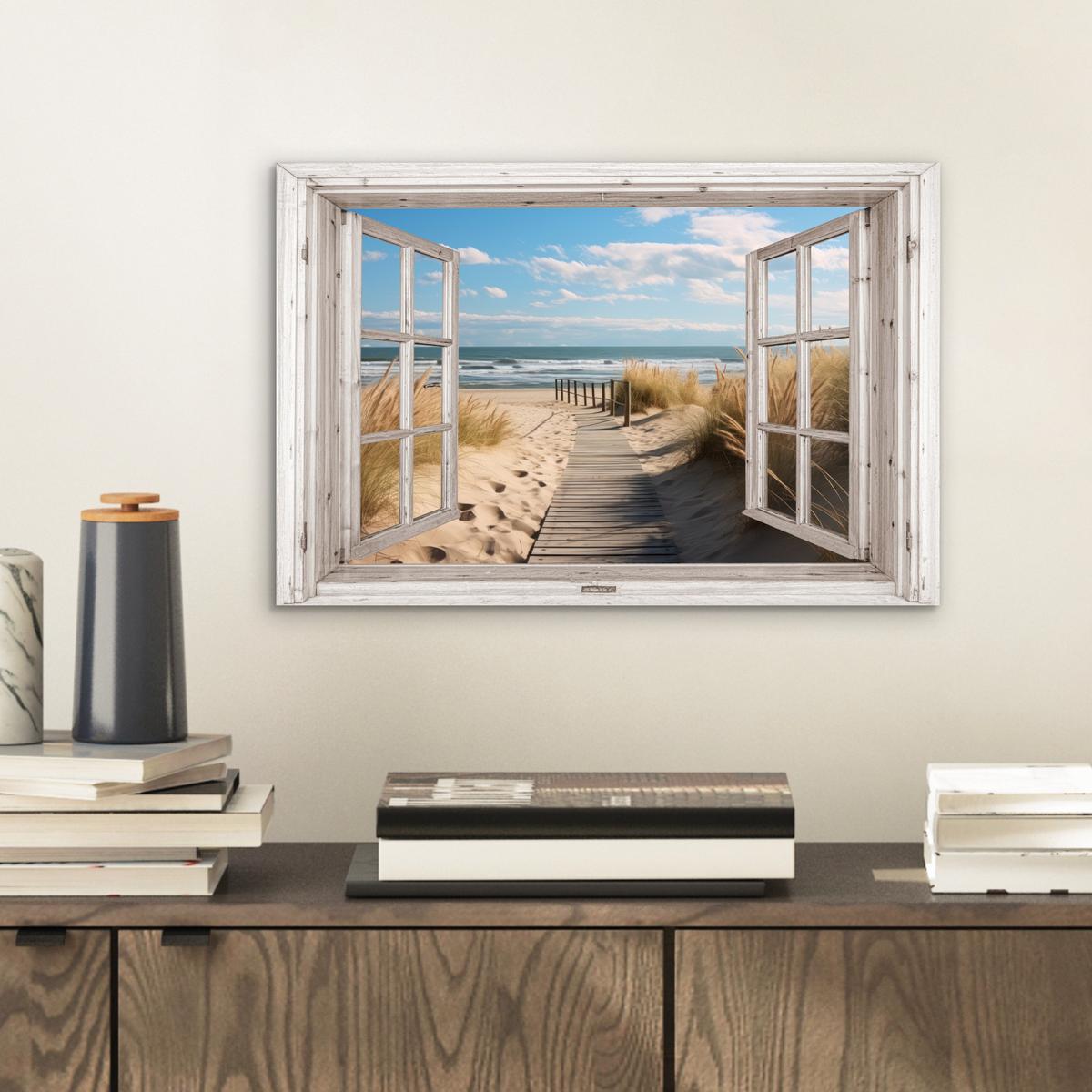 METALLBILD Fenster - Meer - Küste - Natur - Ausblick - Strand - Wattenmeer 30x20 cm - Beige, Metall (30/20cm) - MuchoWow