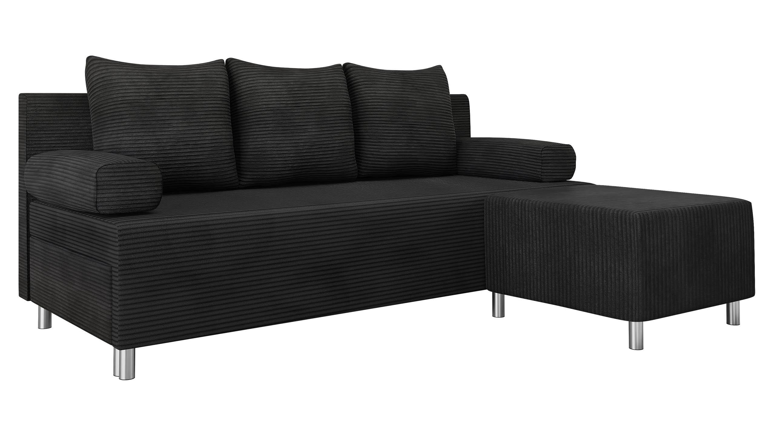 SCHLAFSOFA Dover Cord mit Polsterhocker - Chromfarben/Schwarz, Holz/Kunststoff (192/80cm) - MIRJAN24