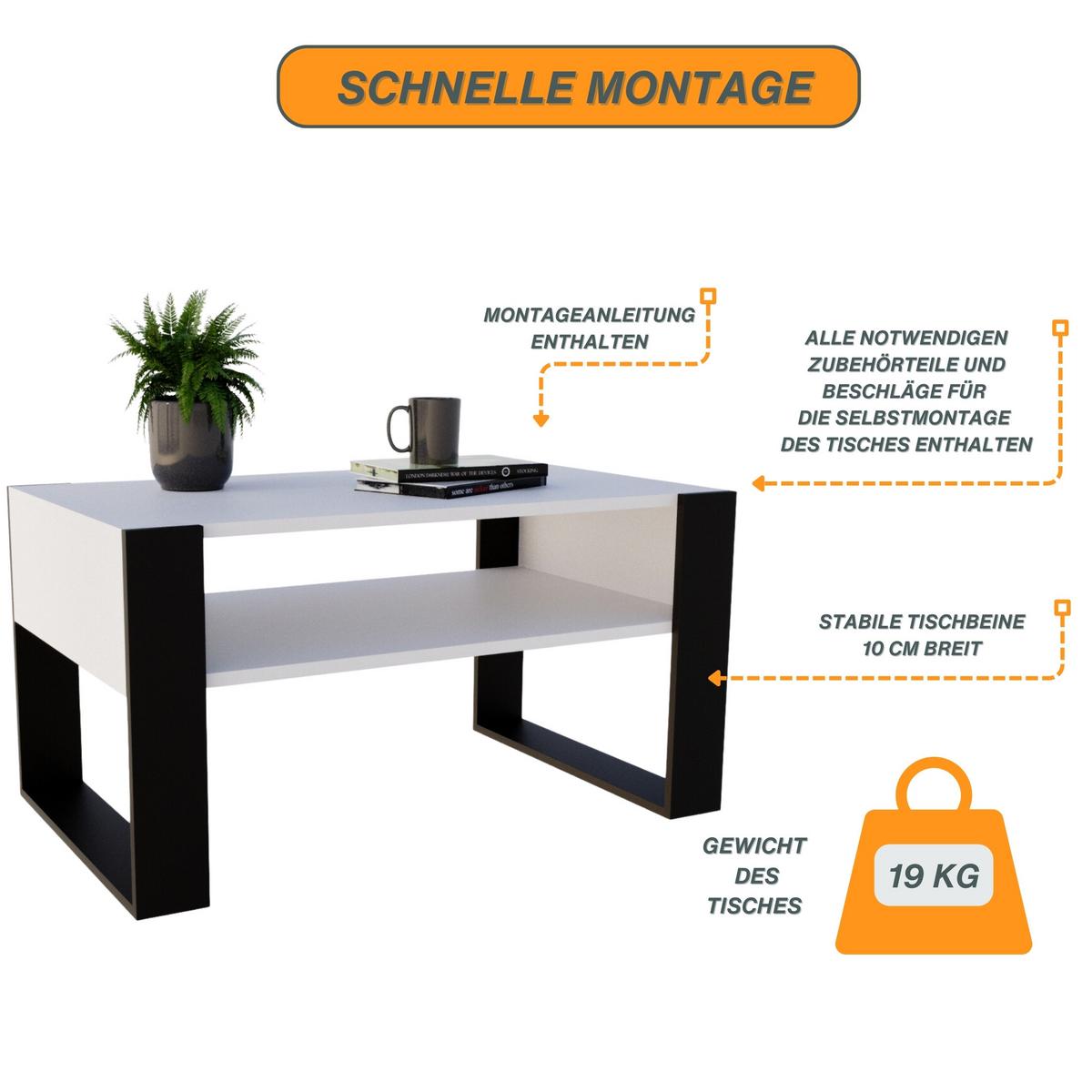 COUCHTISCH Holzwerkstoff rechteckig stabil Weiß 45/53,6/92cm - Schwarz/Weiß, Holzwerkstoff (53.6/92/45cm) - CraftPAK